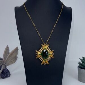 Vintage ART Green Glass Maltese Cross Pendant Necklace
